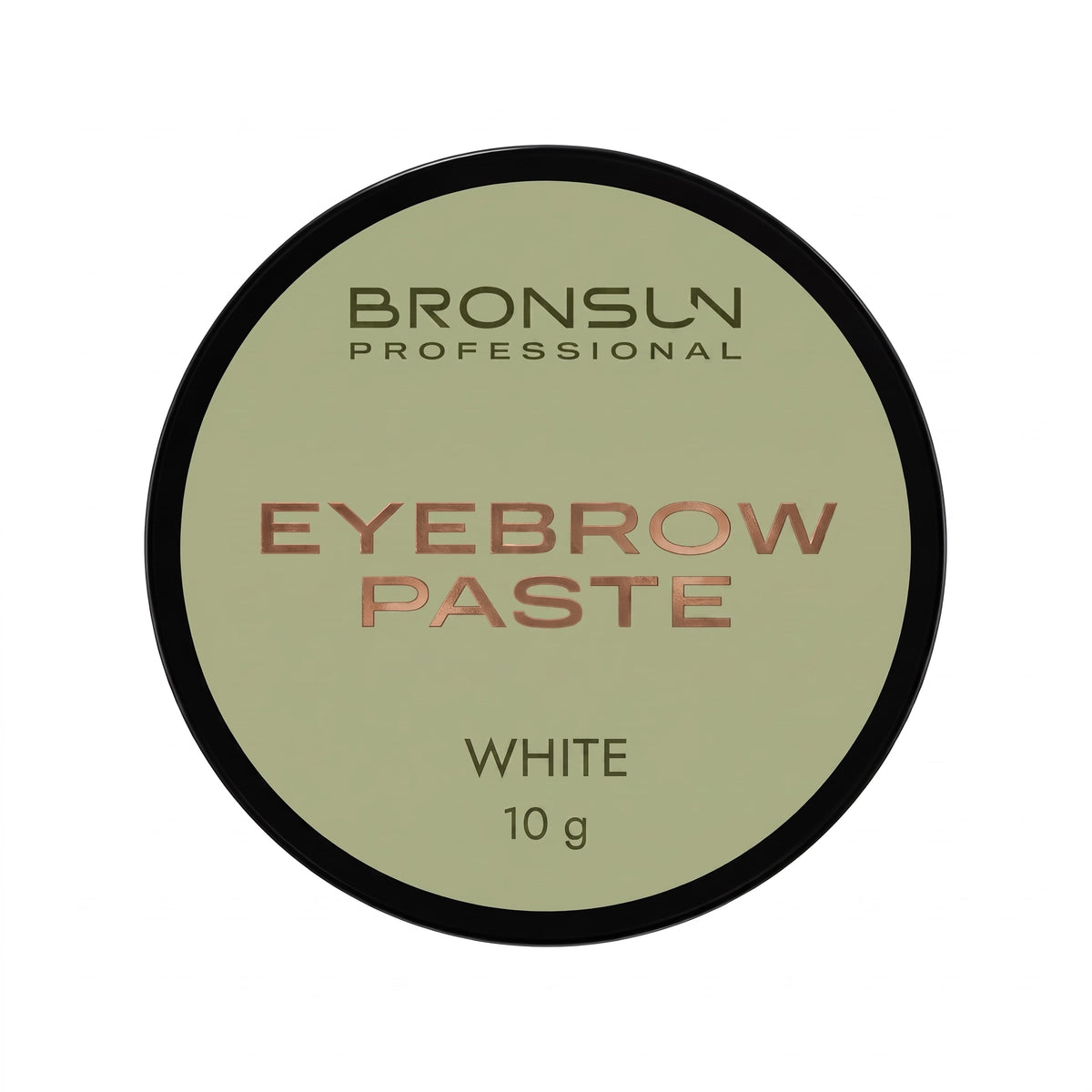 Bronslun Professional Eyebrow Paste in the shade White, shown in a round black-lidded container with a pale sage green label.