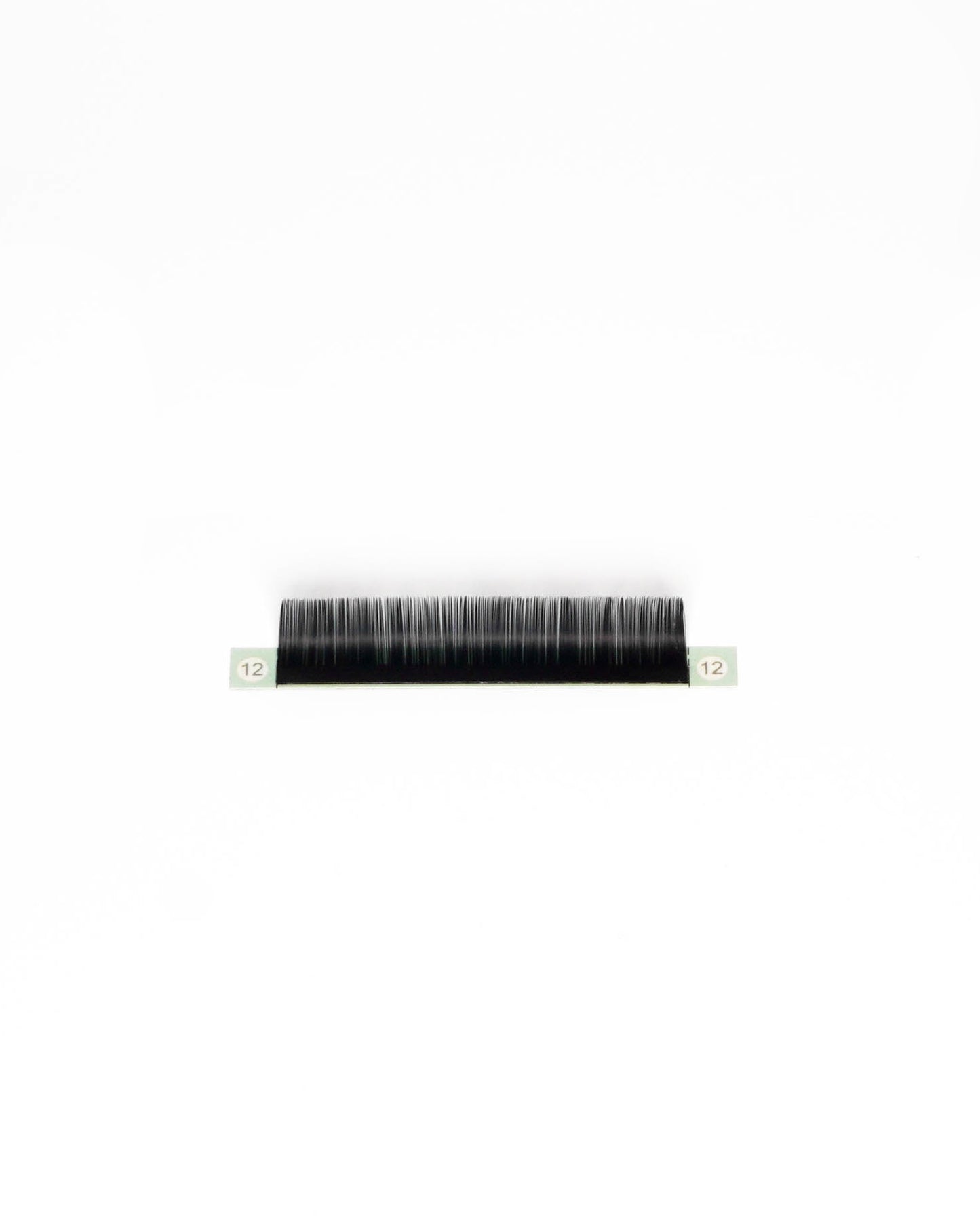 A single black eyelash extension strip with two small white end tabs marked '12', shown against a plain white background.