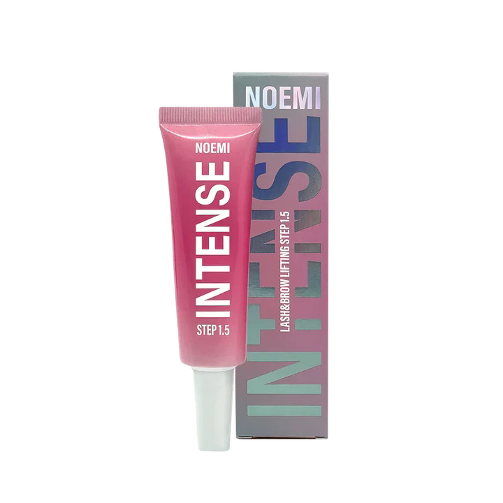 A pink tube of NOEMI Intense Lash & Brow Step 1.5 next to its matching gradient packaging box, set against a plain white background.