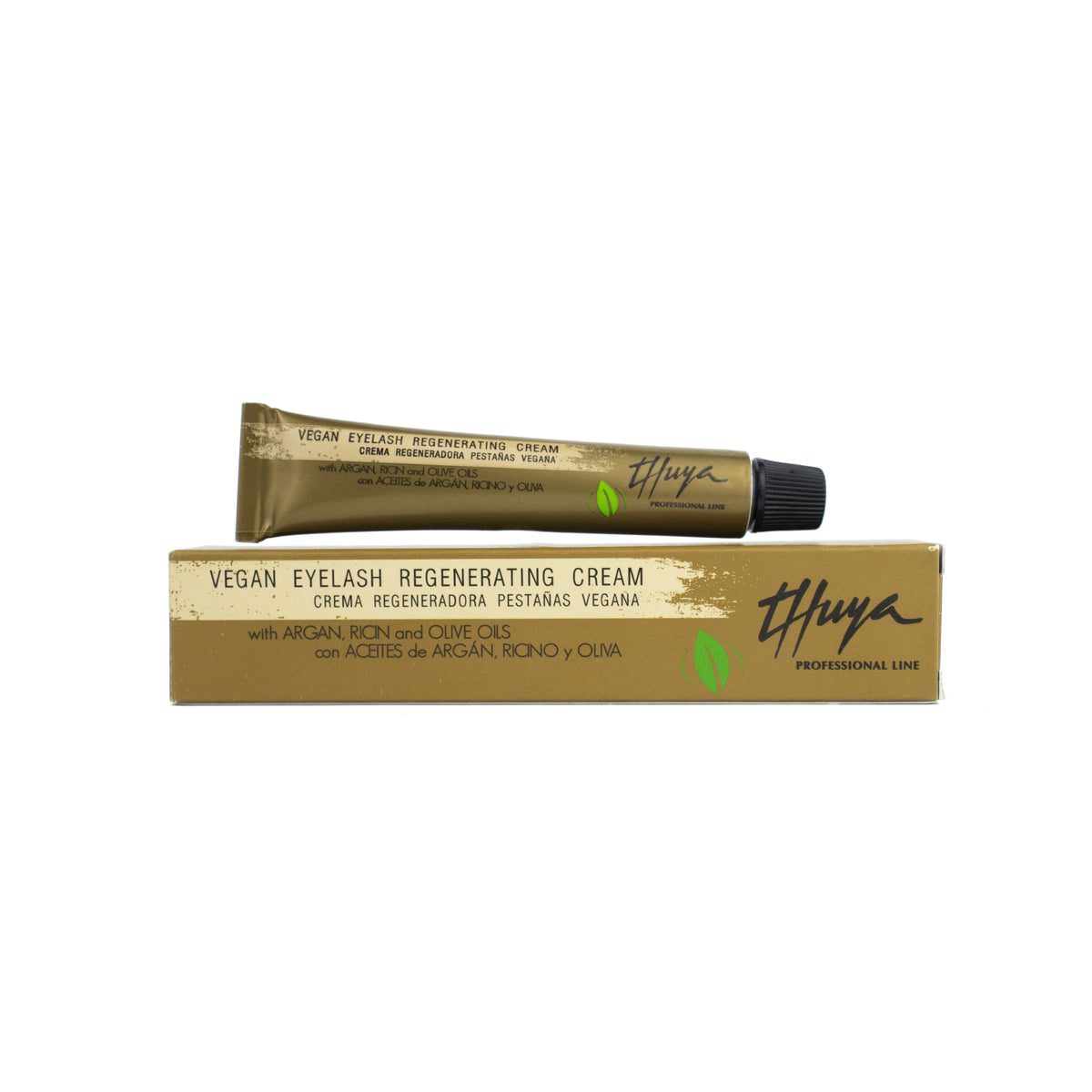 Thuya Vegan Eyelash Regenerating Cream with argan, castor and olive oils in gold tube with product box
