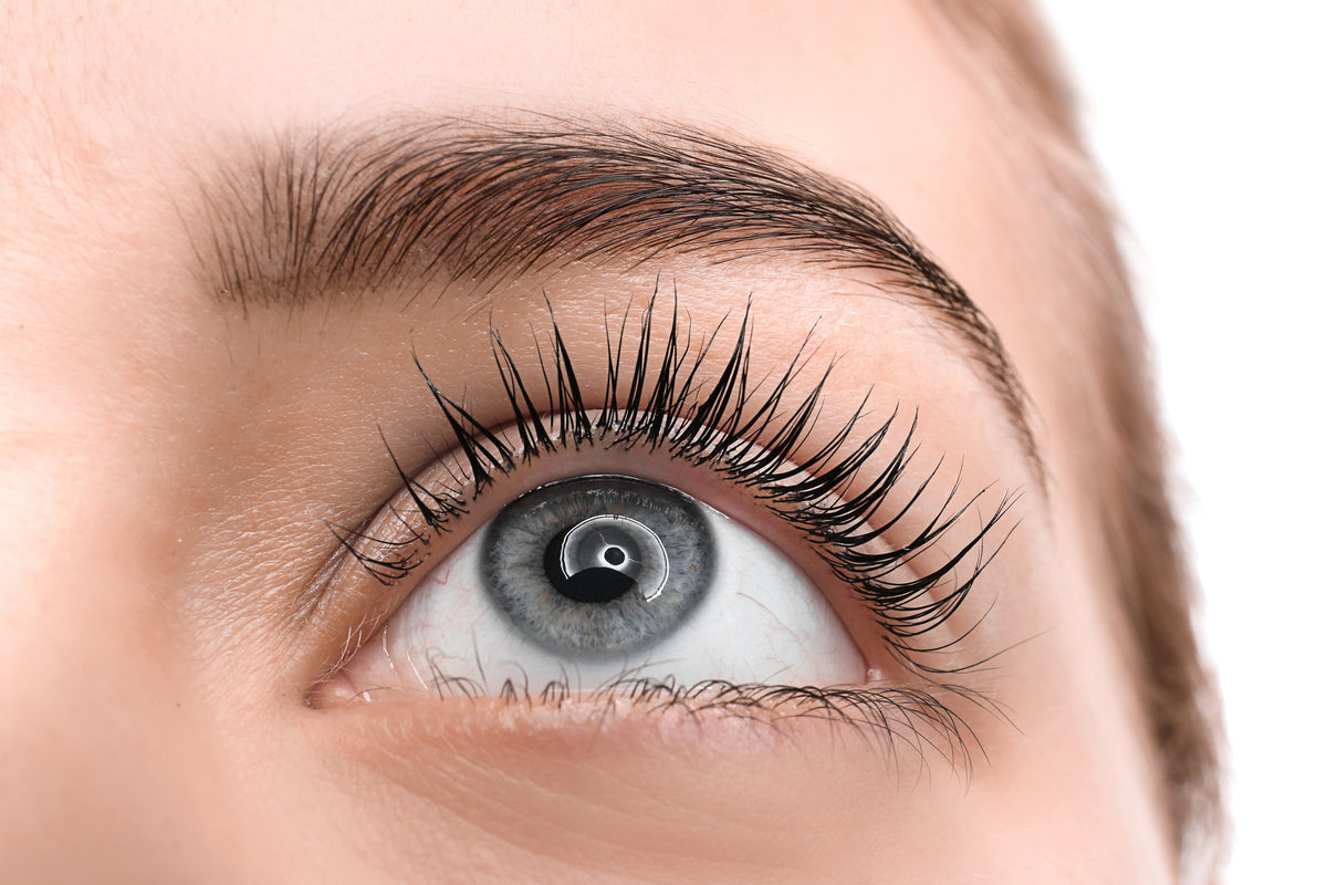 Close up of woman with blue eyes and long natural eyelashes. Cartel Lash