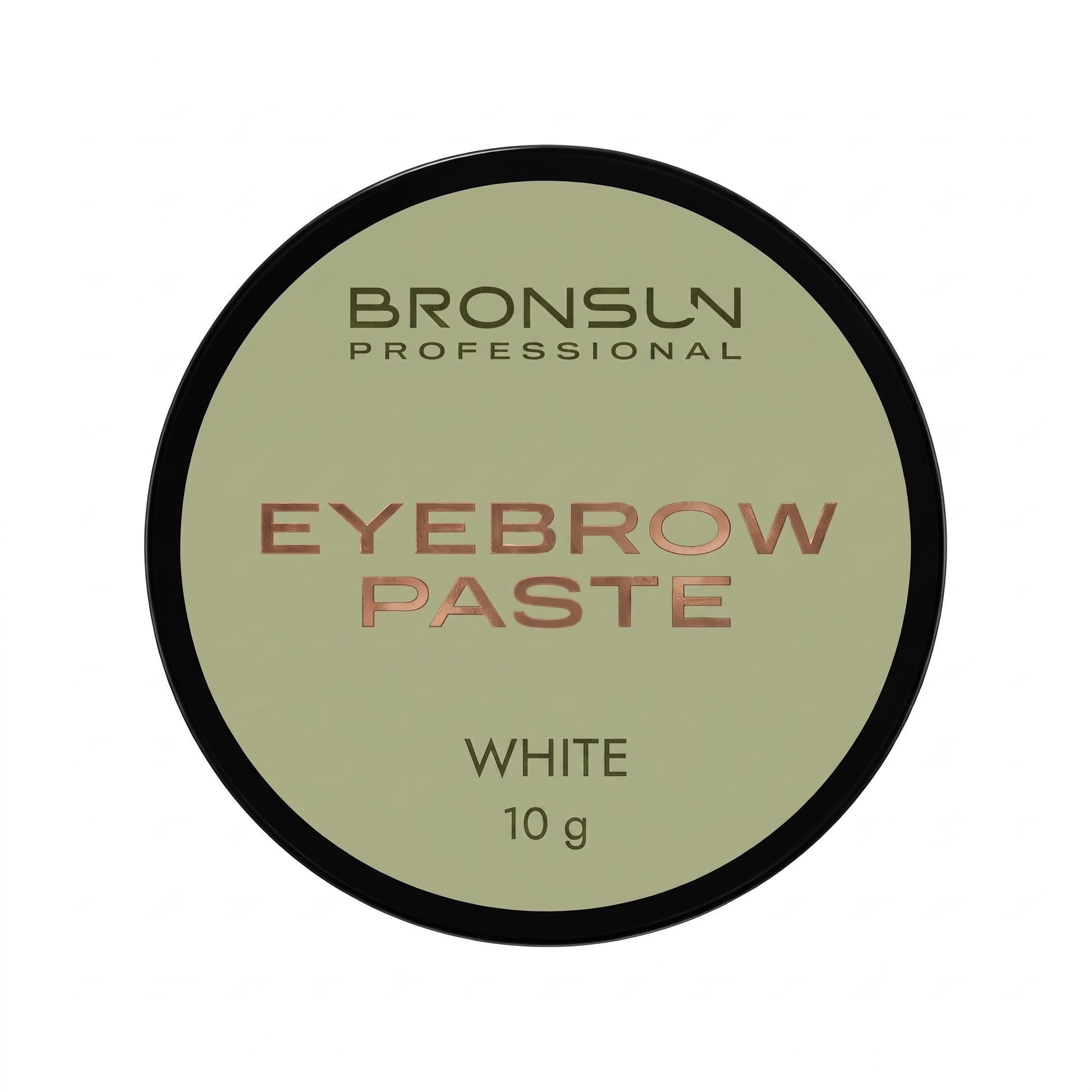 Bronslun Professional Eyebrow Paste in the shade White, shown in a round black-lidded container with a pale sage green label.