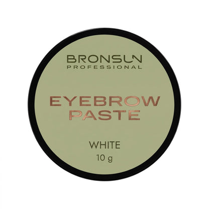 Bronslun Professional Eyebrow Paste in the shade White, shown in a round black-lidded container with a pale sage green label.