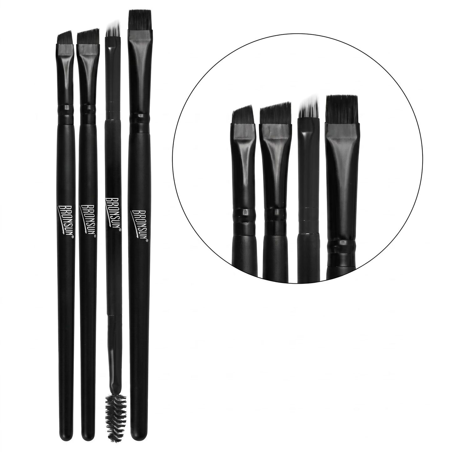 A set of four eyebrow and makeup brushes with angled and flat bristles, shown alongside a circular inset highlighting the brush heads. The handles feature the brand name 'BRONSUN' printed in white.