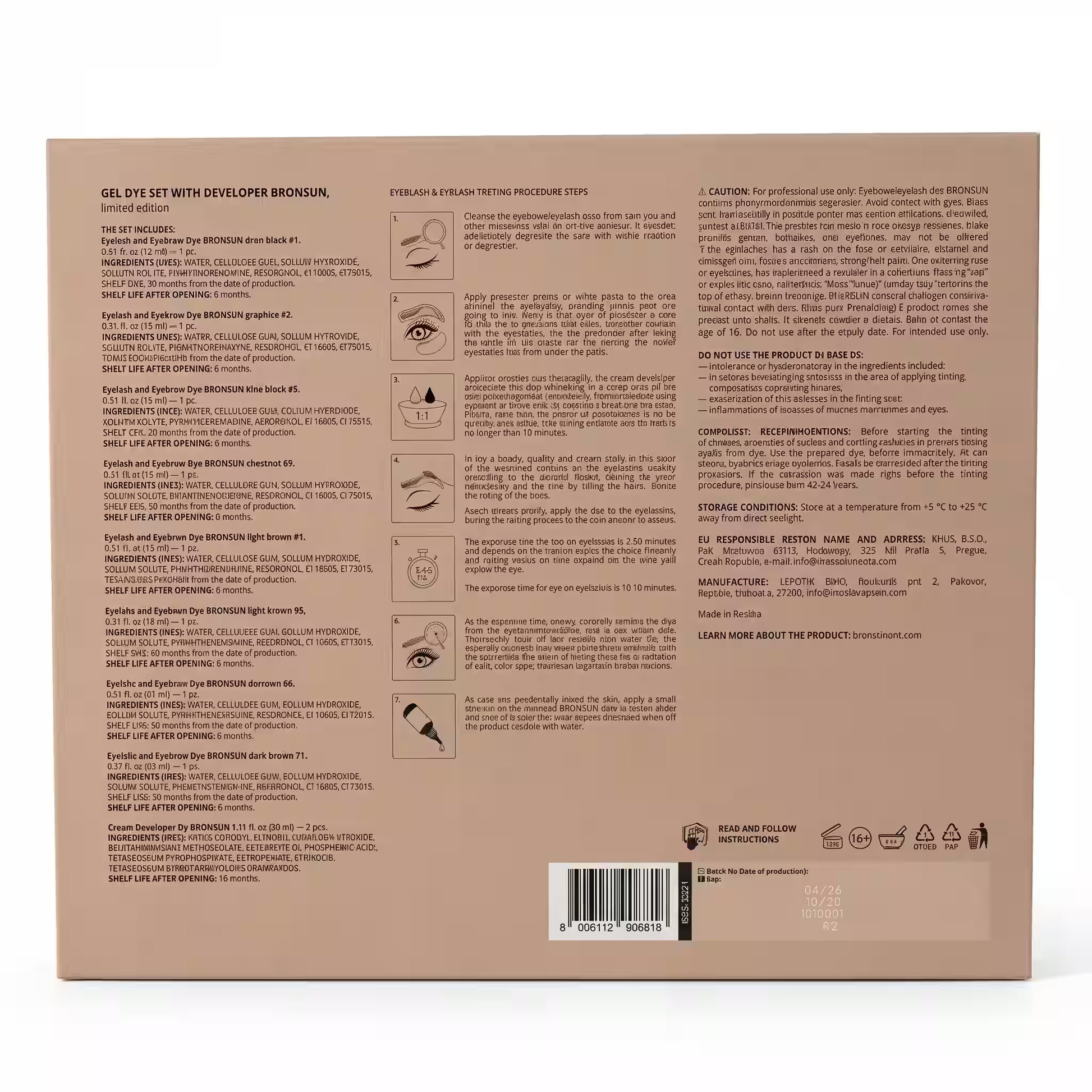 The back of a brown cardboard box for an eyebrow gel set, featuring detailed product instructions, ingredients, warnings, and a barcode.