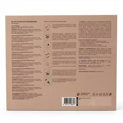 The back of a brown cardboard box for an eyebrow gel set, featuring detailed product instructions, ingredients, warnings, and a barcode.