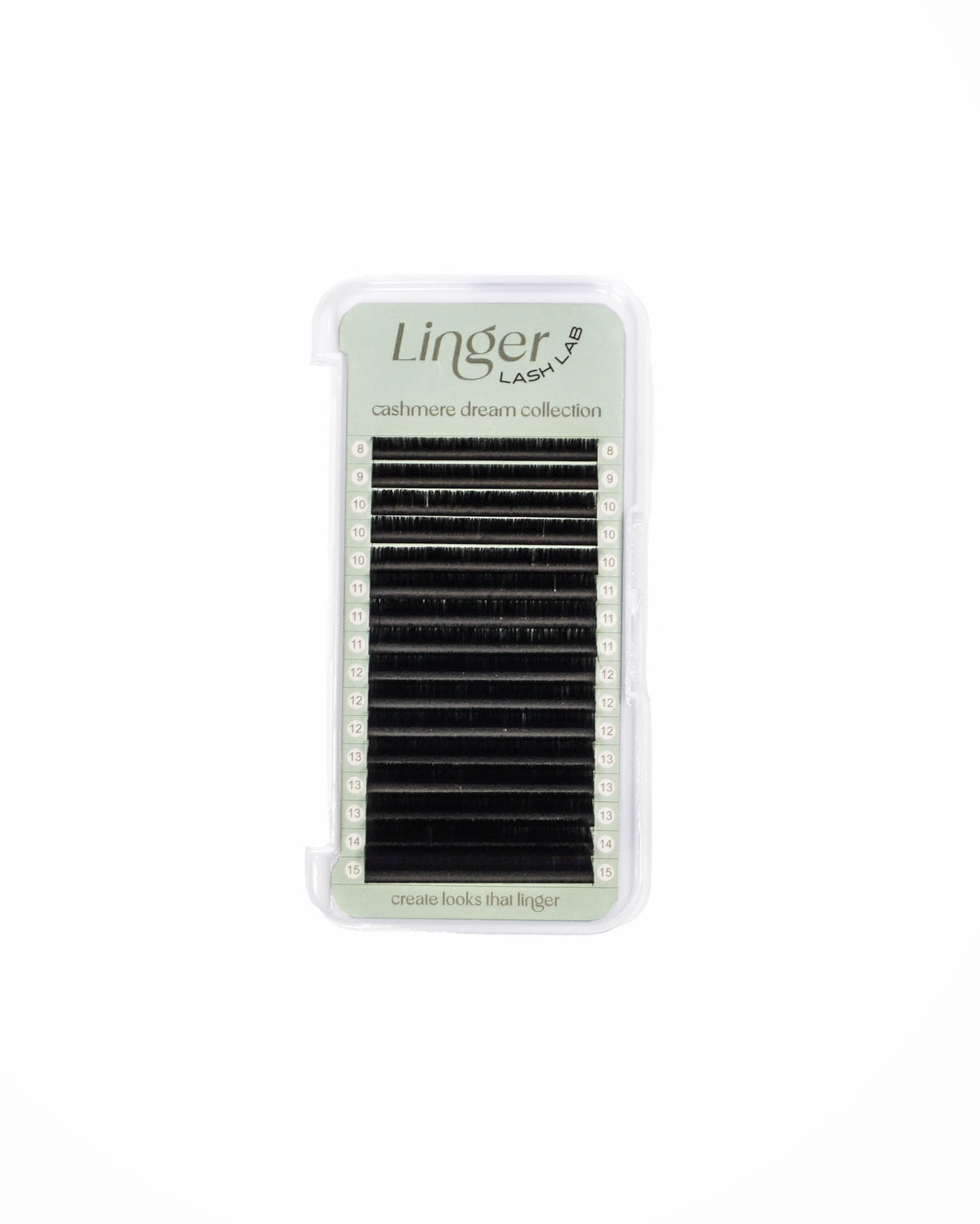 A package of Linger Lashes 'cashmere dream collection' 0.02 lash extensions in a clear plastic case with a light green label, shown against a plain white background.