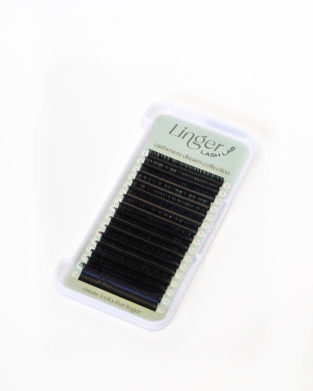 A pack of black lash extensions in a clear plastic case with a light green label reading 'Linger LASH LAB'.