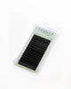 A pack of black lash extensions in a clear plastic case with a light green label reading 'Linger LASH LAB'.