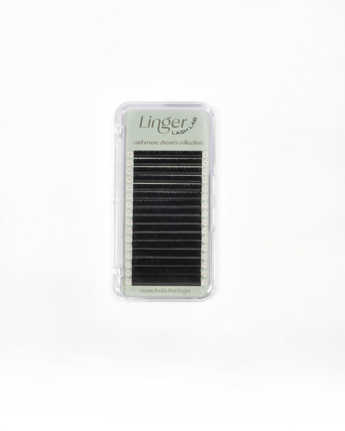 A pack of eyelash extensions in a clear plastic case with a light green label that reads 'Linger lashes' and 'cashmere dream collection'.