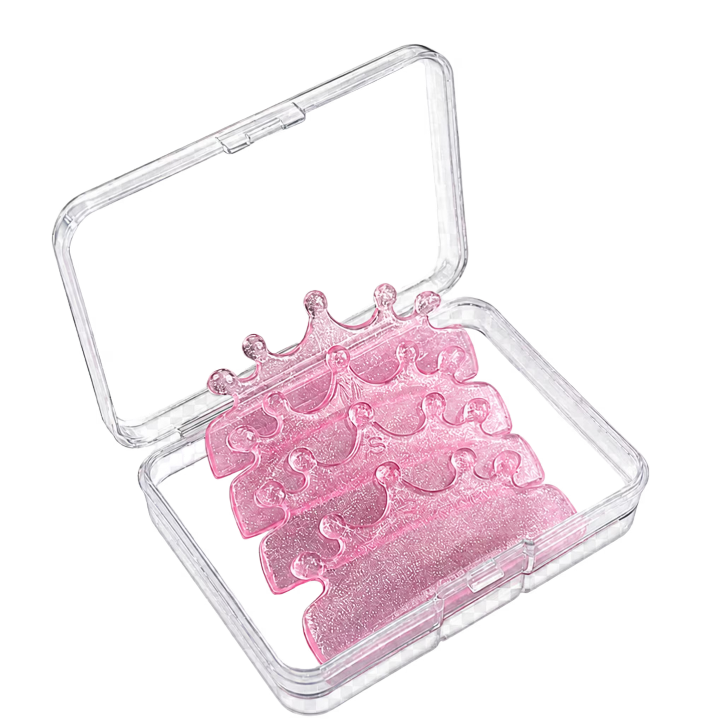 Five pink glitter crown-shaped lash lift shields arranged inside a clear plastic storage case, shown on a white background.