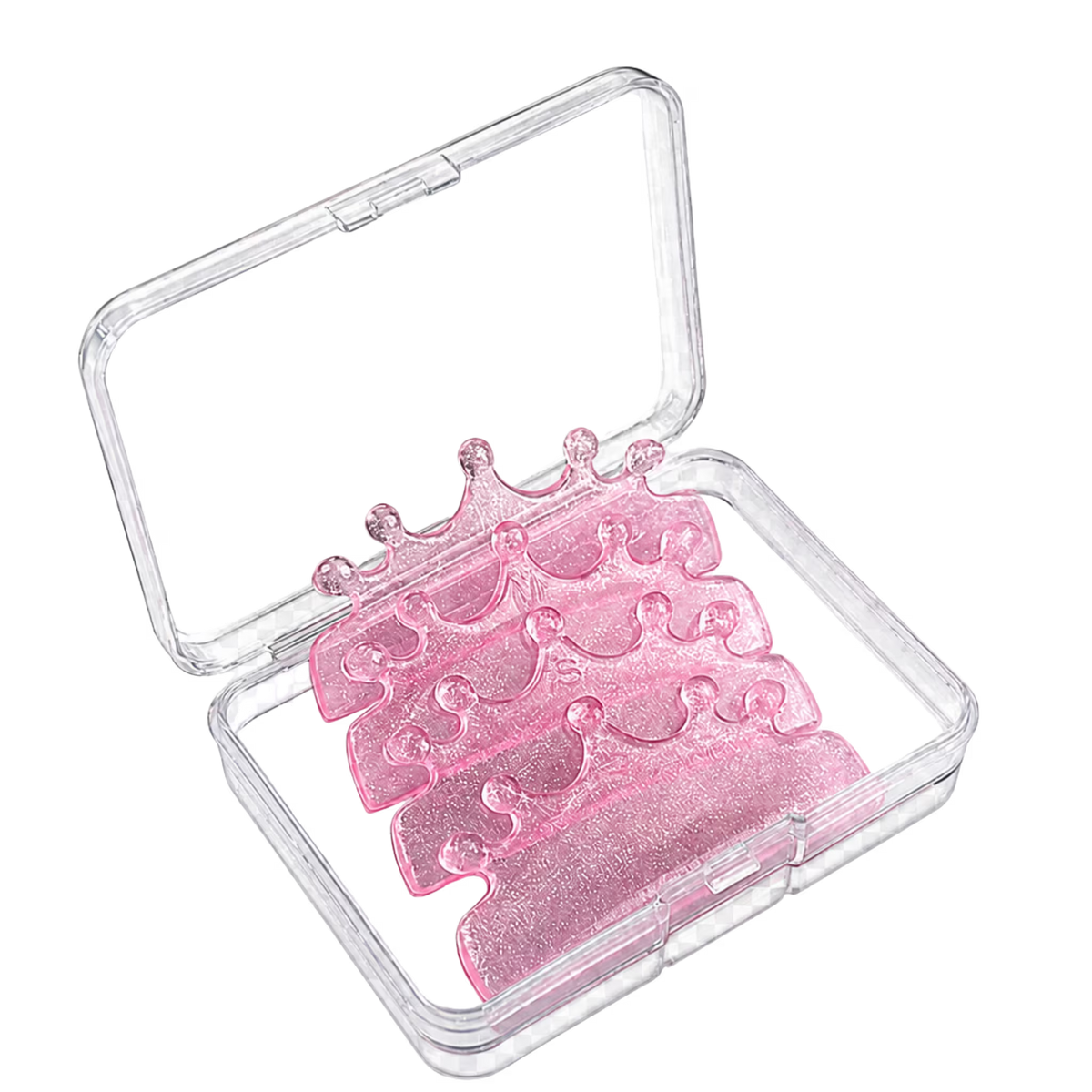 Five pink glitter crown-shaped lash lift shields arranged inside a clear plastic storage case, shown on a white background.