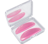 Three flat lash lifting shields displayed inside an open clear plastic case on a white background.