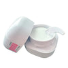 Open white container with a pink logo on a white background