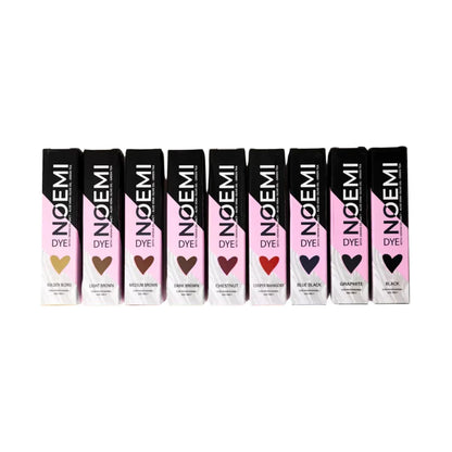 Nine Noemi Dye dye boxes arranged in a row on a white background, showing different shades from blonde to black, each with a heart-shaped color swatch on the packaging.