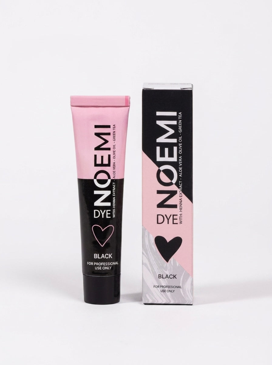 NOEMI Professional Hair Color dye tube in black and pink next to its retail box, labeled as Black.