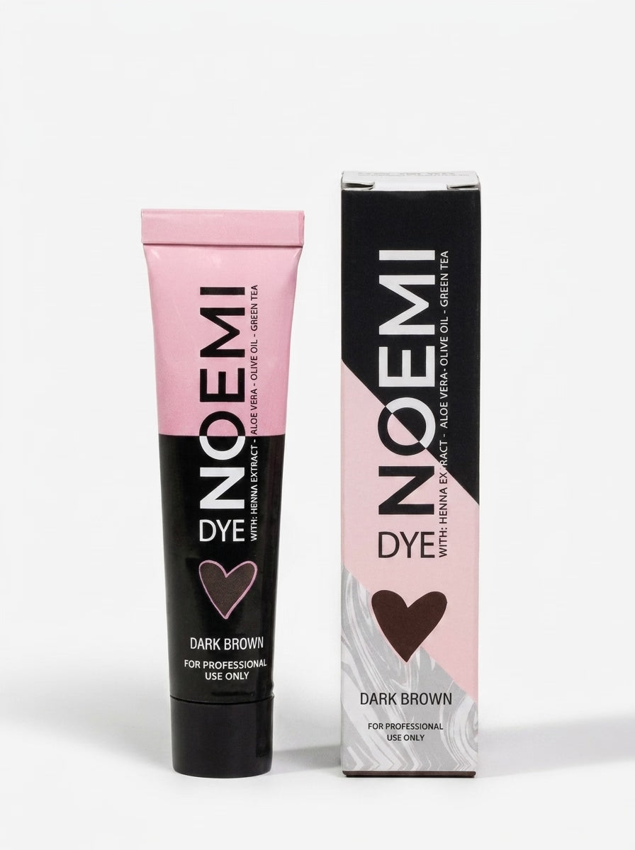 A tube and box of NOEMI Hybrid Dye in the shade Dark Brown, featuring a pink and black color scheme on a white background.