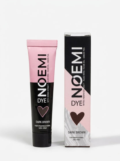 A tube and box of NOEMI Hybrid Dye in the shade Dark Brown, featuring a pink and black color scheme on a white background.