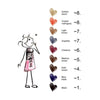 A color chart for noemi hybrid dye showing heart-shaped swatches labeled Golden blond, Cooper mahogany, Light brown, Graphite, Chestnut, Medium brown, Dark brown, Blue black, and Black, next to a simple stick-figure illustration of a person holding a pink tube.