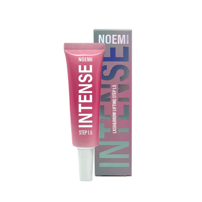 A pink tube of NOEMI Intense Lash & Brow Step 1.5 next to its matching gradient packaging box, set against a plain white background.