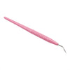 A pink plastic dental pick tool with a textured grip and a curved metal tip, shown diagonally on a plain white background.