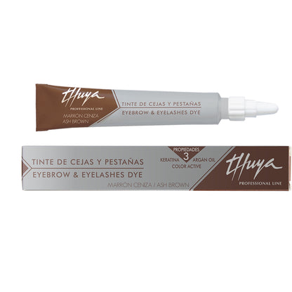 Eyebrow and eyelashes dye tube shade ash brow with Thuya branding on a white background