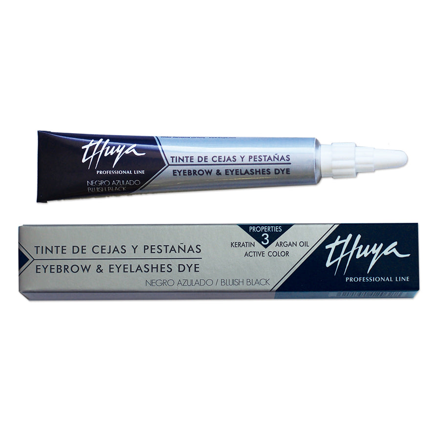 A tube and box of Thuya Professional Line Eyebrow & Eyelashes Dye in Blue Black, shown on a plain white background.