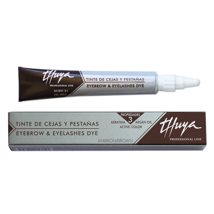 A tube and box of Thuya Professional Line Eyebrow & Eyelashes Dye in Brown, shown on a plain white background.