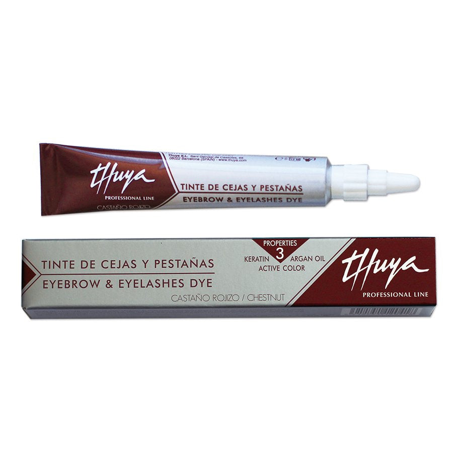 A tube and box of Thuya Professional Line Eyebrow & Eyelashes Dye in Chesnut, shown on a plain white background.