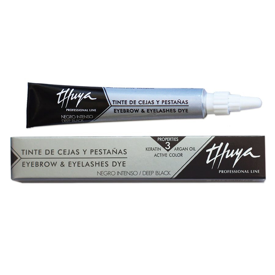 A tube and box of Thuya Professional Line Eyebrow & Eyelashes Dye in Deep Black, shown on a plain white background.