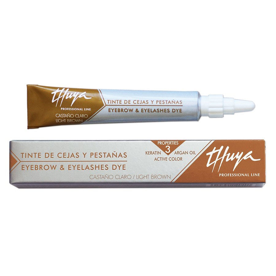 A tube and box of Thuya Professional Line Eyebrow & Eyelashes Dye in Light Brown, shown on a plain white background.