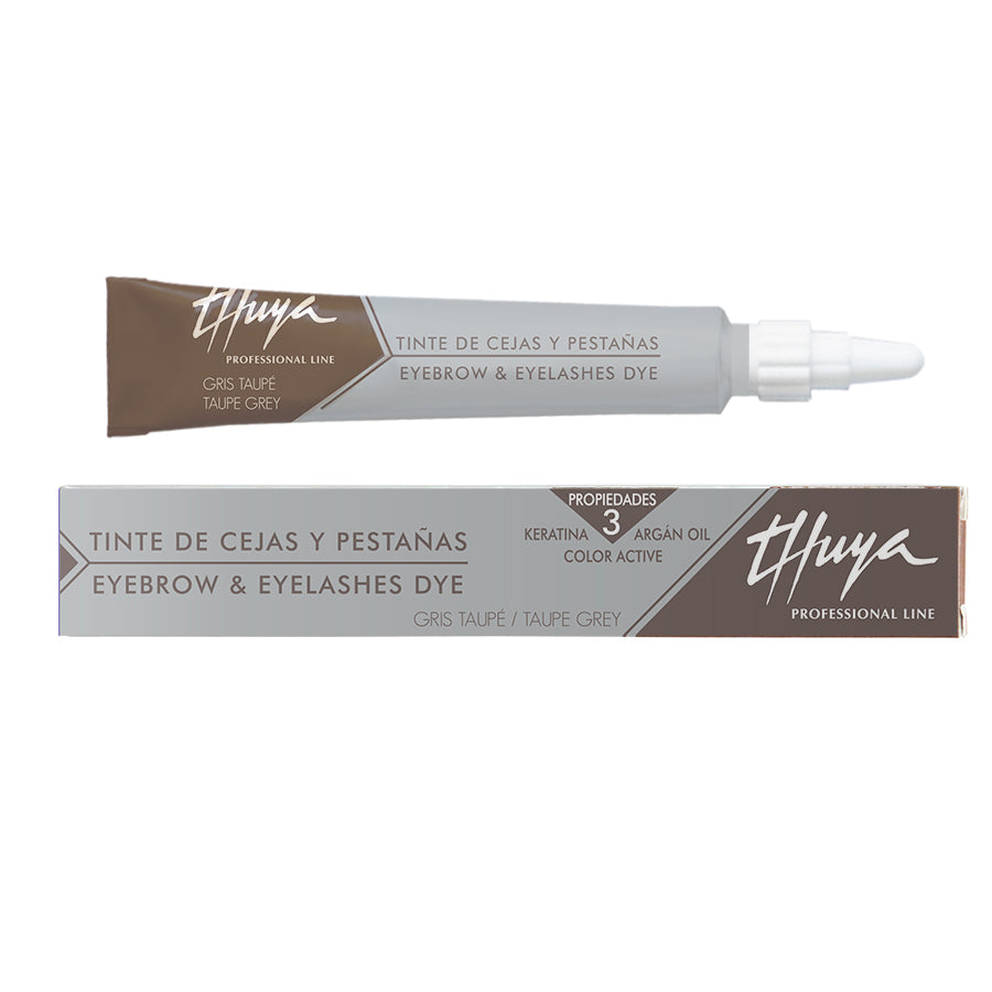 A tube and box of Thuya Professional Line Eyebrow & Eyelashes Dye in Taupe Grey, shown on a plain white background.