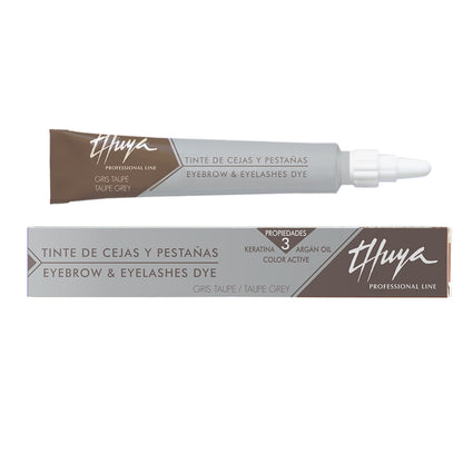A tube and box of Thuya Professional Line Eyebrow & Eyelashes Dye in Taupe Grey, shown on a plain white background.
