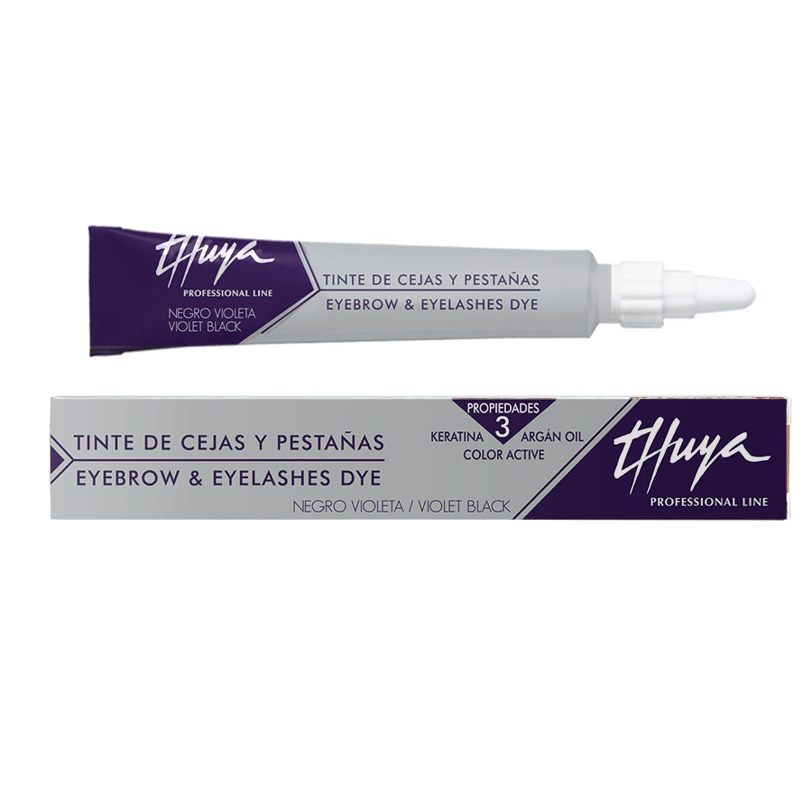 A tube and box of Thuya Professional Line Eyebrow & Eyelashes Dye in Violet Black, shown on a plain white background.