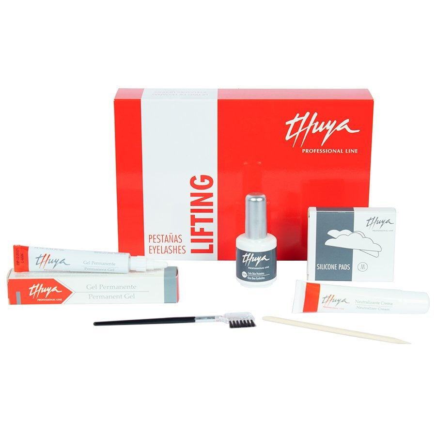 Thuya Lifting Eyelash kit with red and white packaging, a bottle of lifting gel, permanent gel tube, silicone pad, brush, and wooden tool on a white background.