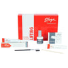 Thuya Lifting Eyelash kit with red and white packaging, a bottle of lifting gel, permanent gel tube, silicone pad, brush, and wooden tool on a white background.