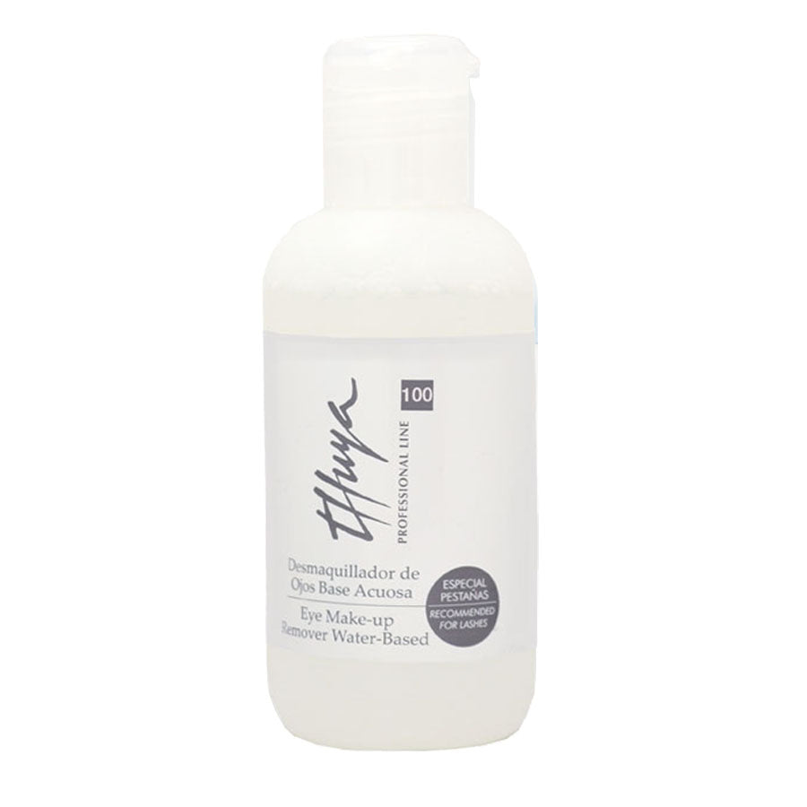A white bottle of Thuya Professional Line eye make-up remover water-based formula, 100ml, on a solid white background.