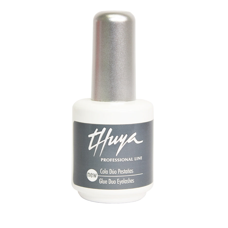 Thuya Duo Eyelash Glue in white bottle with silver cap and grey label