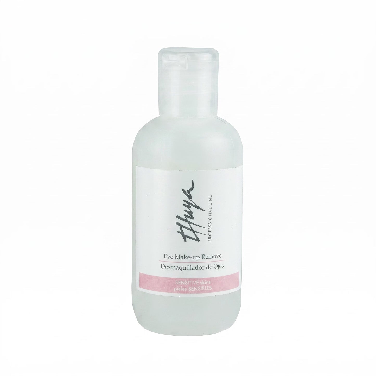 A frosted glass bottle of Thuya Professional Line Eye Make-up Remover, featuring a white label with black script and a pink accent stripe, set against a plain white background.