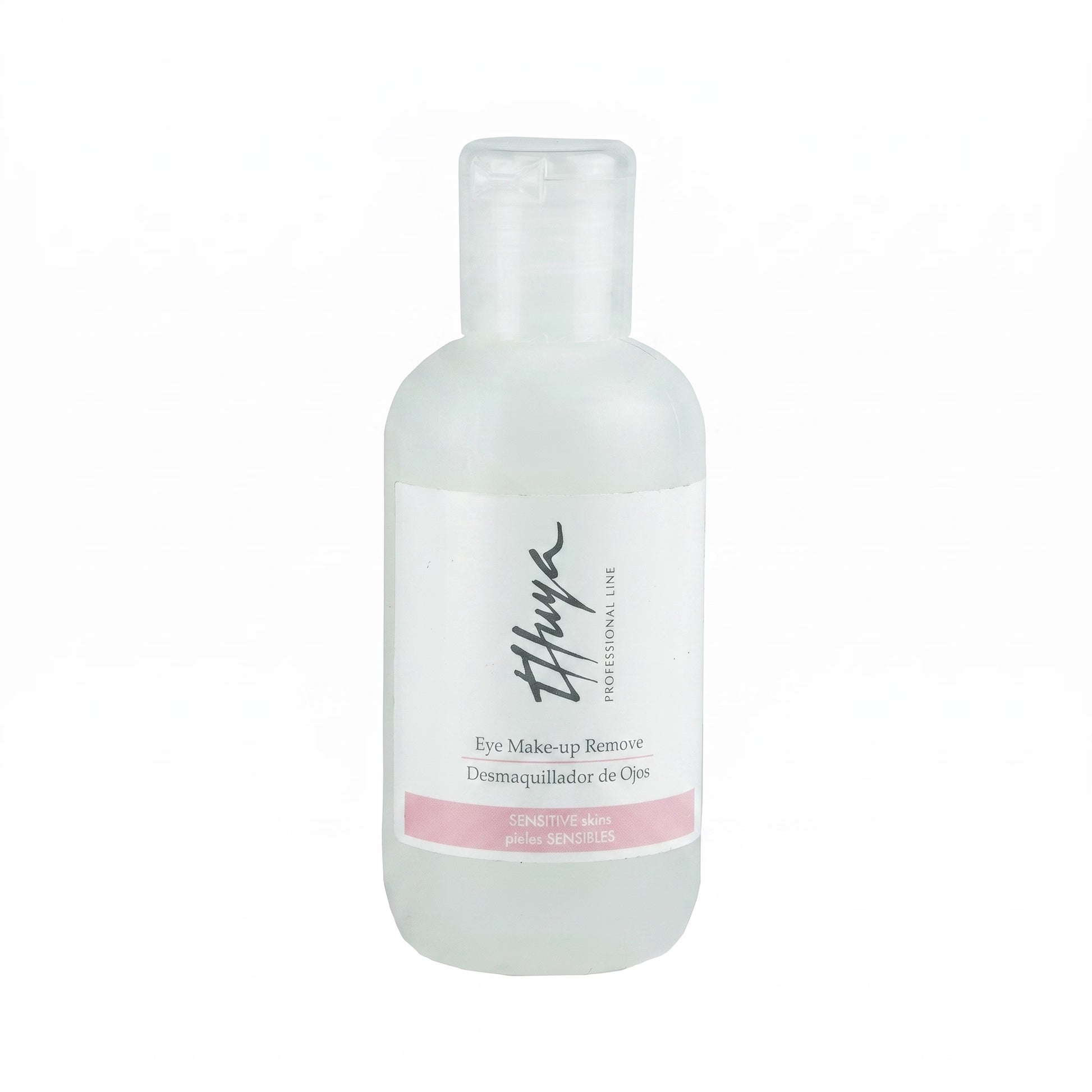A frosted glass bottle of Thuya Professional Line Eye Make-up Remover, featuring a white label with black script and a pink accent stripe, set against a plain white background.