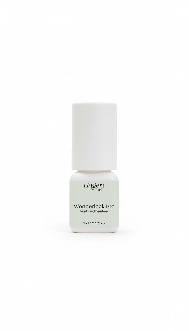 A bottle of Linger Beauty Wonderlock Pro lash adhesive on a clean white background.